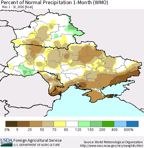 Ukraine, Moldova and Belarus Percent of Normal Precipitation 1-Month (WMO) Thematic Map For 3/1/2020 - 3/31/2020