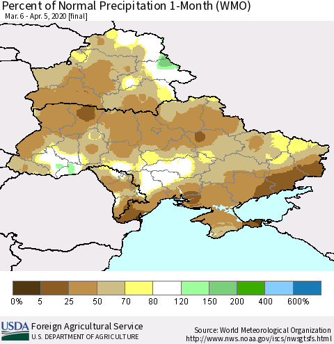 Ukraine, Moldova and Belarus Percent of Normal Precipitation 1-Month (WMO) Thematic Map For 3/6/2020 - 4/5/2020