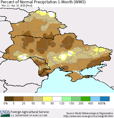 Ukraine, Moldova and Belarus Percent of Normal Precipitation 1-Month (WMO) Thematic Map For 3/11/2020 - 4/10/2020
