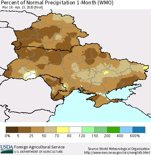 Ukraine, Moldova and Belarus Percent of Normal Precipitation 1-Month (WMO) Thematic Map For 3/16/2020 - 4/15/2020