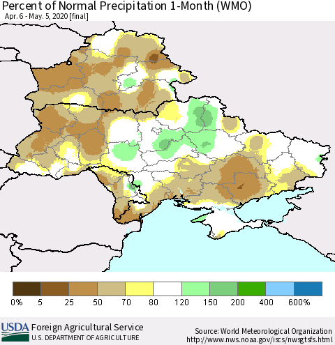 Ukraine, Moldova and Belarus Percent of Normal Precipitation 1-Month (WMO) Thematic Map For 4/6/2020 - 5/5/2020