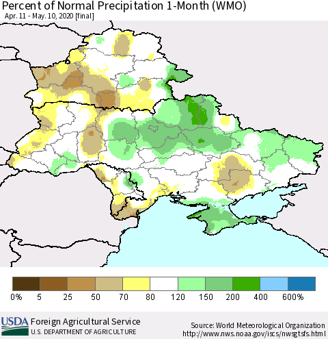 Ukraine, Moldova and Belarus Percent of Normal Precipitation 1-Month (WMO) Thematic Map For 4/11/2020 - 5/10/2020