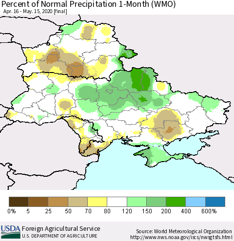 Ukraine, Moldova and Belarus Percent of Normal Precipitation 1-Month (WMO) Thematic Map For 4/16/2020 - 5/15/2020