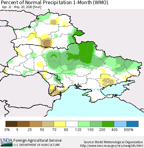 Ukraine, Moldova and Belarus Percent of Normal Precipitation 1-Month (WMO) Thematic Map For 4/21/2020 - 5/20/2020