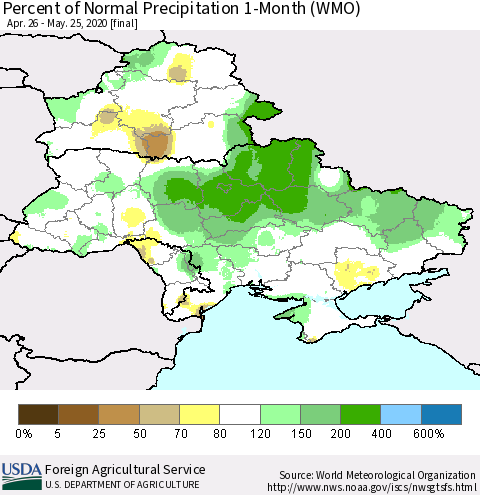 Ukraine, Moldova and Belarus Percent of Normal Precipitation 1-Month (WMO) Thematic Map For 4/26/2020 - 5/25/2020