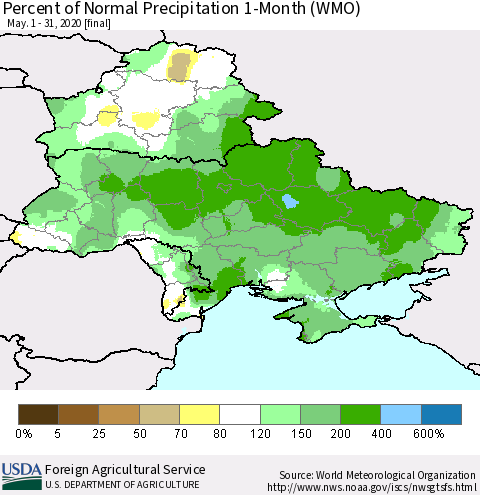 Ukraine, Moldova and Belarus Percent of Normal Precipitation 1-Month (WMO) Thematic Map For 5/1/2020 - 5/31/2020