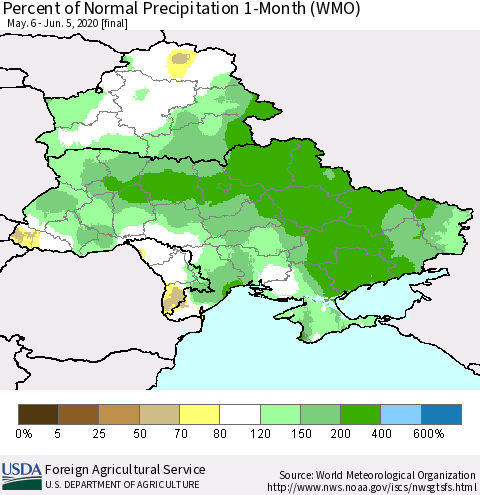 Ukraine, Moldova and Belarus Percent of Normal Precipitation 1-Month (WMO) Thematic Map For 5/6/2020 - 6/5/2020