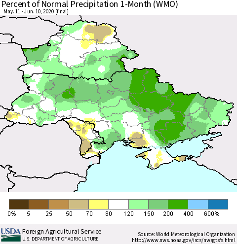 Ukraine, Moldova and Belarus Percent of Normal Precipitation 1-Month (WMO) Thematic Map For 5/11/2020 - 6/10/2020