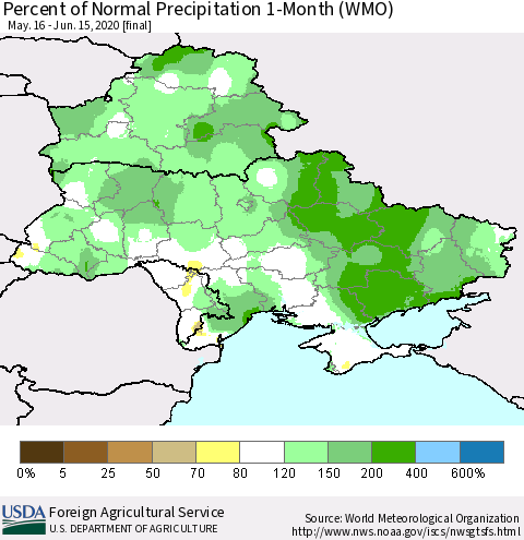 Ukraine, Moldova and Belarus Percent of Normal Precipitation 1-Month (WMO) Thematic Map For 5/16/2020 - 6/15/2020
