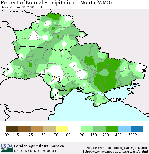 Ukraine, Moldova and Belarus Percent of Normal Precipitation 1-Month (WMO) Thematic Map For 5/21/2020 - 6/20/2020