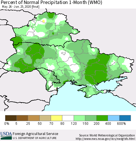 Ukraine, Moldova and Belarus Percent of Normal Precipitation 1-Month (WMO) Thematic Map For 5/26/2020 - 6/25/2020