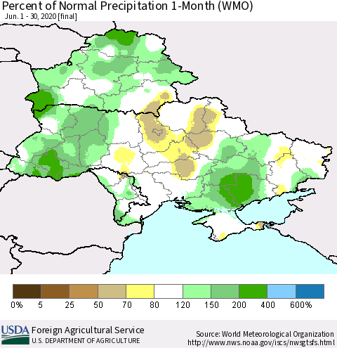 Ukraine, Moldova and Belarus Percent of Normal Precipitation 1-Month (WMO) Thematic Map For 6/1/2020 - 6/30/2020