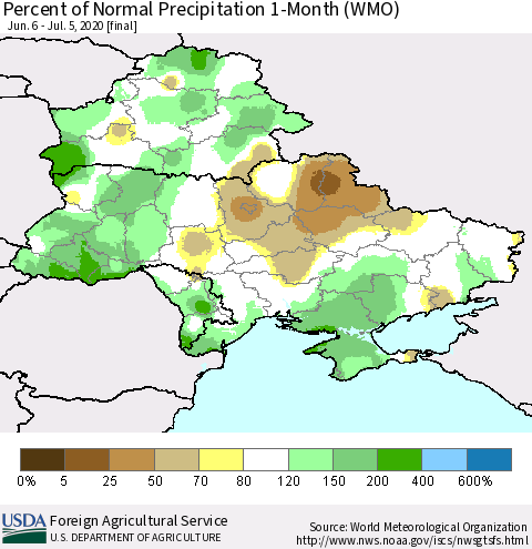 Ukraine, Moldova and Belarus Percent of Normal Precipitation 1-Month (WMO) Thematic Map For 6/6/2020 - 7/5/2020