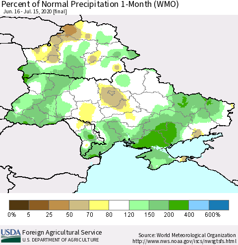 Ukraine, Moldova and Belarus Percent of Normal Precipitation 1-Month (WMO) Thematic Map For 6/16/2020 - 7/15/2020