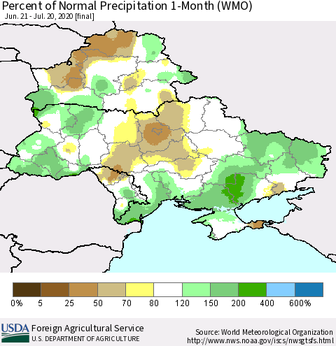 Ukraine, Moldova and Belarus Percent of Normal Precipitation 1-Month (WMO) Thematic Map For 6/21/2020 - 7/20/2020