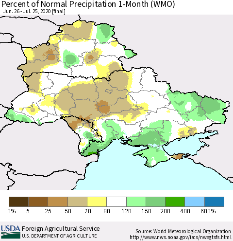 Ukraine, Moldova and Belarus Percent of Normal Precipitation 1-Month (WMO) Thematic Map For 6/26/2020 - 7/25/2020