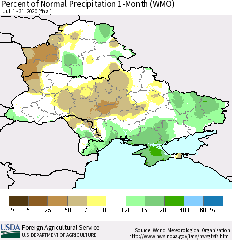 Ukraine, Moldova and Belarus Percent of Normal Precipitation 1-Month (WMO) Thematic Map For 7/1/2020 - 7/31/2020