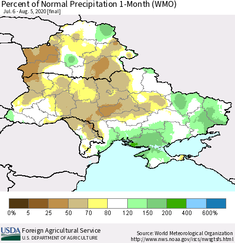 Ukraine, Moldova and Belarus Percent of Normal Precipitation 1-Month (WMO) Thematic Map For 7/6/2020 - 8/5/2020