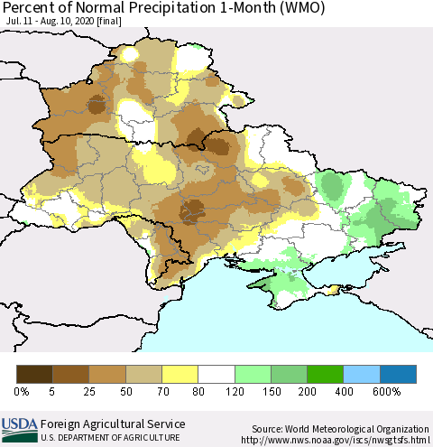 Ukraine, Moldova and Belarus Percent of Normal Precipitation 1-Month (WMO) Thematic Map For 7/11/2020 - 8/10/2020