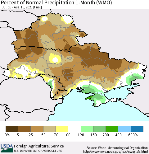 Ukraine, Moldova and Belarus Percent of Normal Precipitation 1-Month (WMO) Thematic Map For 7/16/2020 - 8/15/2020