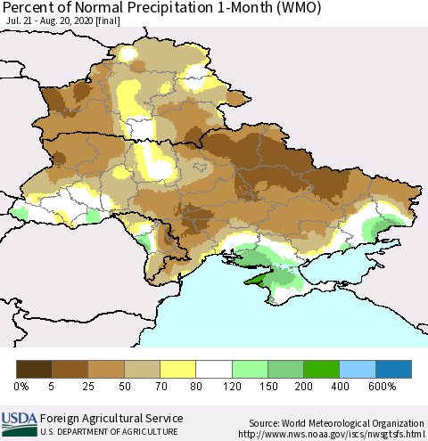 Ukraine, Moldova and Belarus Percent of Normal Precipitation 1-Month (WMO) Thematic Map For 7/21/2020 - 8/20/2020