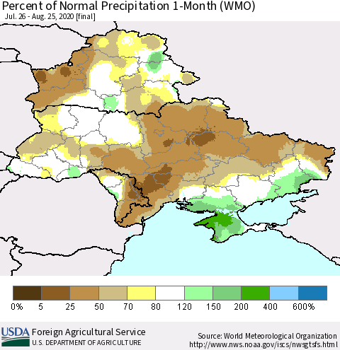 Ukraine, Moldova and Belarus Percent of Normal Precipitation 1-Month (WMO) Thematic Map For 7/26/2020 - 8/25/2020