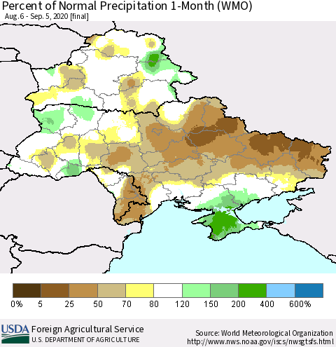 Ukraine, Moldova and Belarus Percent of Normal Precipitation 1-Month (WMO) Thematic Map For 8/6/2020 - 9/5/2020