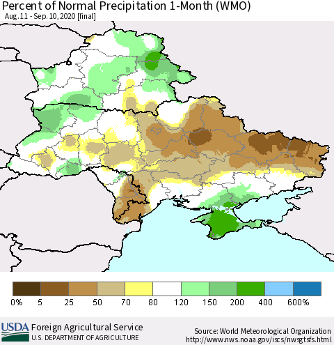 Ukraine, Moldova and Belarus Percent of Normal Precipitation 1-Month (WMO) Thematic Map For 8/11/2020 - 9/10/2020