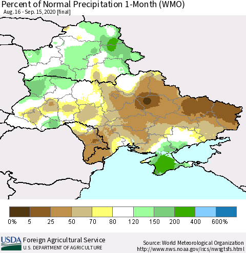 Ukraine, Moldova and Belarus Percent of Normal Precipitation 1-Month (WMO) Thematic Map For 8/16/2020 - 9/15/2020