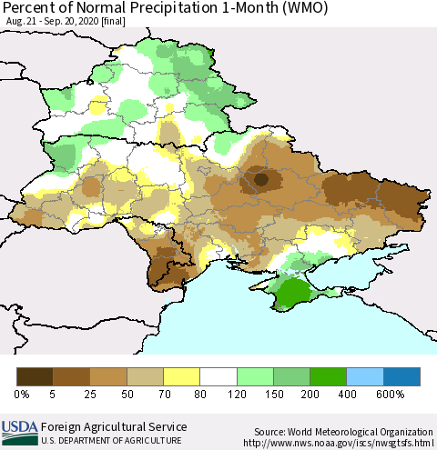 Ukraine, Moldova and Belarus Percent of Normal Precipitation 1-Month (WMO) Thematic Map For 8/21/2020 - 9/20/2020