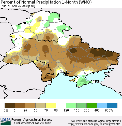 Ukraine, Moldova and Belarus Percent of Normal Precipitation 1-Month (WMO) Thematic Map For 8/26/2020 - 9/25/2020
