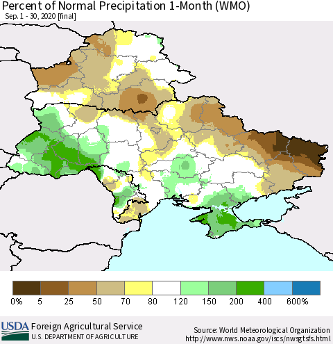 Ukraine, Moldova and Belarus Percent of Normal Precipitation 1-Month (WMO) Thematic Map For 9/1/2020 - 9/30/2020