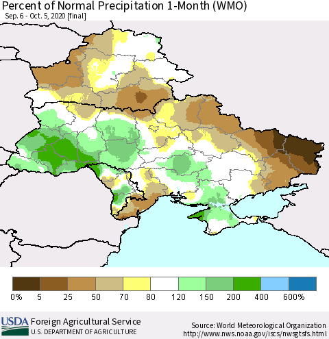 Ukraine, Moldova and Belarus Percent of Normal Precipitation 1-Month (WMO) Thematic Map For 9/6/2020 - 10/5/2020