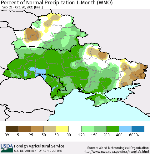 Ukraine, Moldova and Belarus Percent of Normal Precipitation 1-Month (WMO) Thematic Map For 9/21/2020 - 10/20/2020
