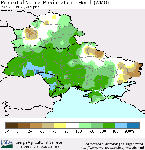 Ukraine, Moldova and Belarus Percent of Normal Precipitation 1-Month (WMO) Thematic Map For 9/26/2020 - 10/25/2020