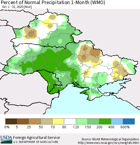 Ukraine, Moldova and Belarus Percent of Normal Precipitation 1-Month (WMO) Thematic Map For 10/1/2020 - 10/31/2020