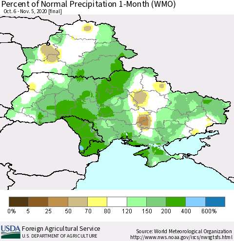 Ukraine, Moldova and Belarus Percent of Normal Precipitation 1-Month (WMO) Thematic Map For 10/6/2020 - 11/5/2020
