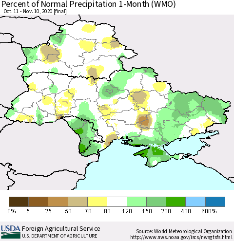 Ukraine, Moldova and Belarus Percent of Normal Precipitation 1-Month (WMO) Thematic Map For 10/11/2020 - 11/10/2020