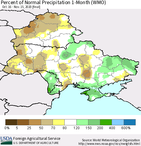 Ukraine, Moldova and Belarus Percent of Normal Precipitation 1-Month (WMO) Thematic Map For 10/16/2020 - 11/15/2020