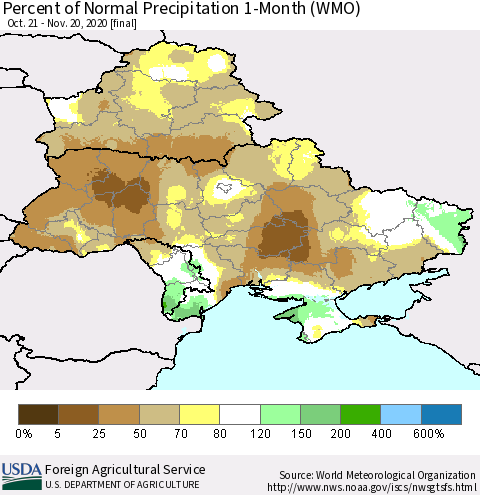 Ukraine, Moldova and Belarus Percent of Normal Precipitation 1-Month (WMO) Thematic Map For 10/21/2020 - 11/20/2020