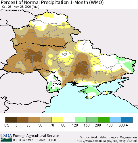 Ukraine, Moldova and Belarus Percent of Normal Precipitation 1-Month (WMO) Thematic Map For 10/26/2020 - 11/25/2020