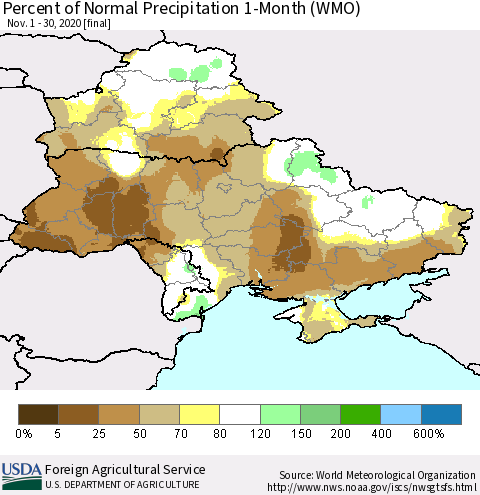 Ukraine, Moldova and Belarus Percent of Normal Precipitation 1-Month (WMO) Thematic Map For 11/1/2020 - 11/30/2020