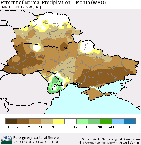 Ukraine, Moldova and Belarus Percent of Normal Precipitation 1-Month (WMO) Thematic Map For 11/11/2020 - 12/10/2020