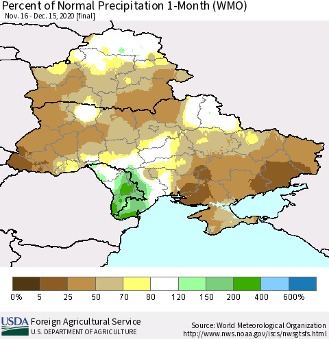 Ukraine, Moldova and Belarus Percent of Normal Precipitation 1-Month (WMO) Thematic Map For 11/16/2020 - 12/15/2020