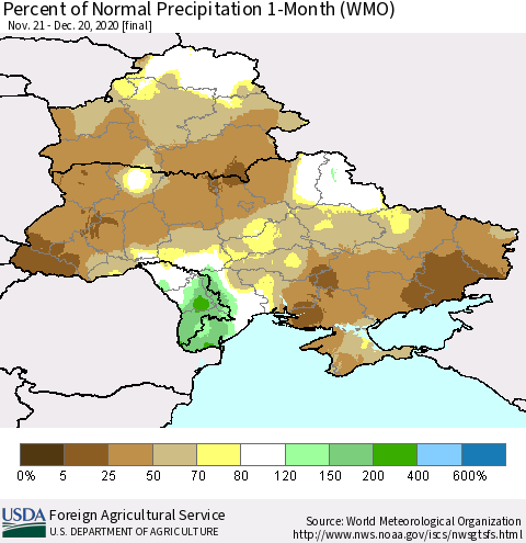 Ukraine, Moldova and Belarus Percent of Normal Precipitation 1-Month (WMO) Thematic Map For 11/21/2020 - 12/20/2020