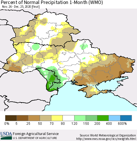 Ukraine, Moldova and Belarus Percent of Normal Precipitation 1-Month (WMO) Thematic Map For 11/26/2020 - 12/25/2020