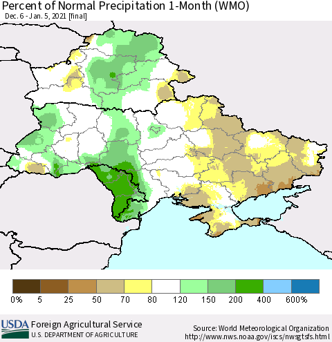 Ukraine, Moldova and Belarus Percent of Normal Precipitation 1-Month (WMO) Thematic Map For 12/6/2020 - 1/5/2021