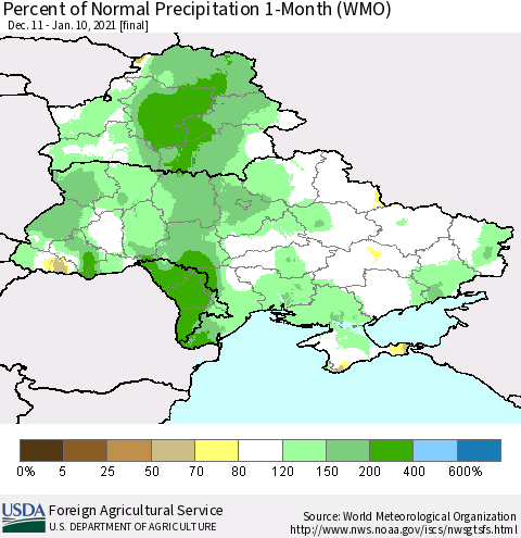 Ukraine, Moldova and Belarus Percent of Normal Precipitation 1-Month (WMO) Thematic Map For 12/11/2020 - 1/10/2021