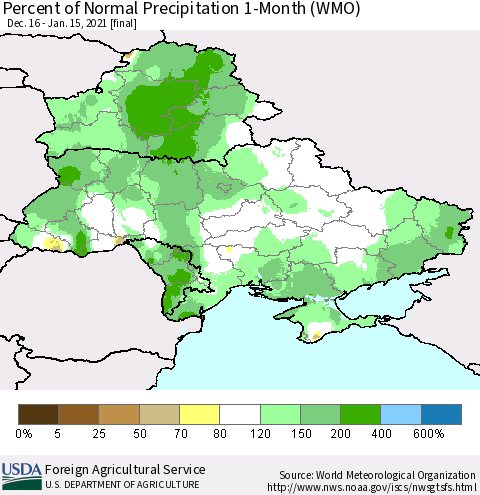 Ukraine, Moldova and Belarus Percent of Normal Precipitation 1-Month (WMO) Thematic Map For 12/16/2020 - 1/15/2021