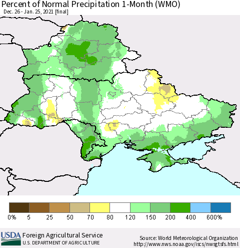 Ukraine, Moldova and Belarus Percent of Normal Precipitation 1-Month (WMO) Thematic Map For 12/26/2020 - 1/25/2021
